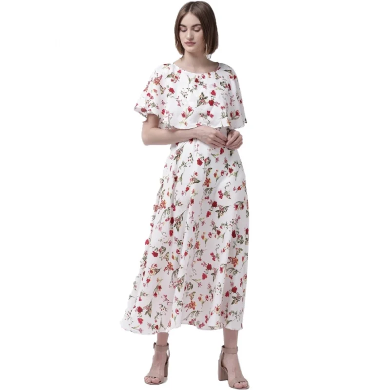 Generic Women's Crepe Floral Half Sleeves Full Length Gown(White)