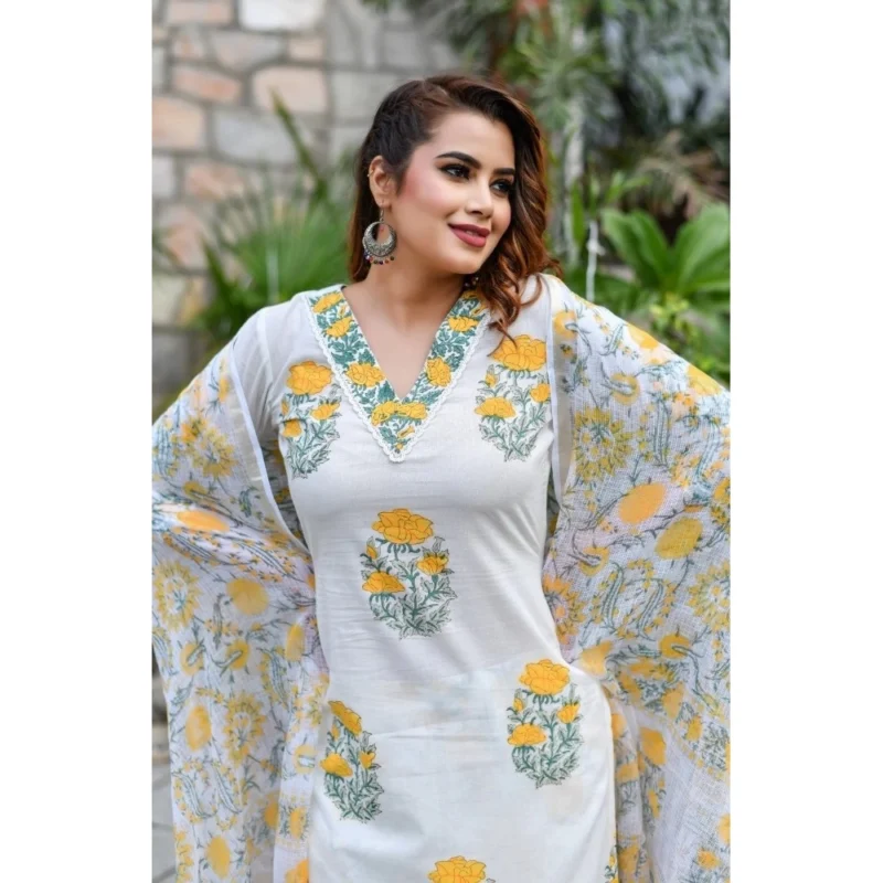 Generic Women's Cotton Blend Printed Work Kurti With Bottom And Dupatta Set (Yellow) - Image 3