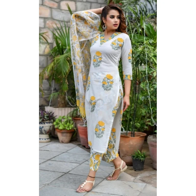 Generic Women's Cotton Blend Printed Work Kurti With Bottom And Dupatta Set (Yellow) - Image 6