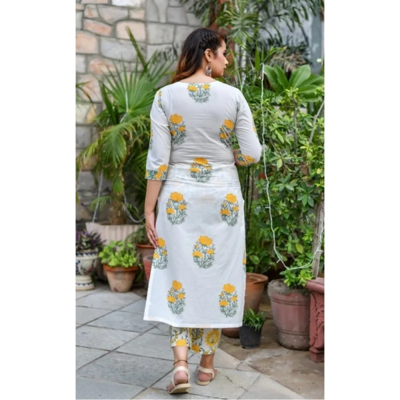 Generic Women's Cotton Blend Printed Work Kurti With Bottom And Dupatta Set (Yellow) - Image 2