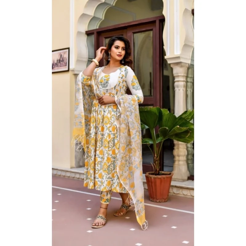 Generic Women's Cotton Blend Printed Work Kurti With Bottom And Dupatta Set (Yellow) - Image 6