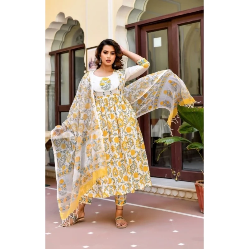 Generic Women's Cotton Blend Printed Work Kurti With Bottom And Dupatta Set (Yellow) - Image 3