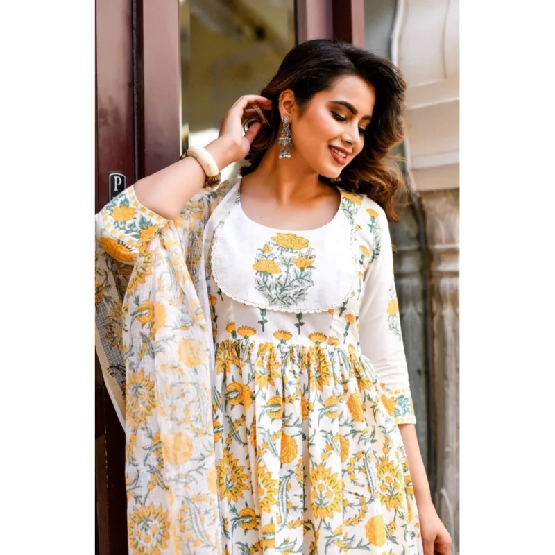Generic Women's Cotton Blend Printed Work Kurti With Bottom And Dupatta Set (Yellow) - Image 4