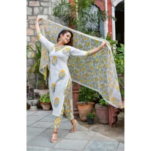 Generic Women's Cotton Blend Printed Work Kurti With Bottom And Dupatta Set (Yellow)