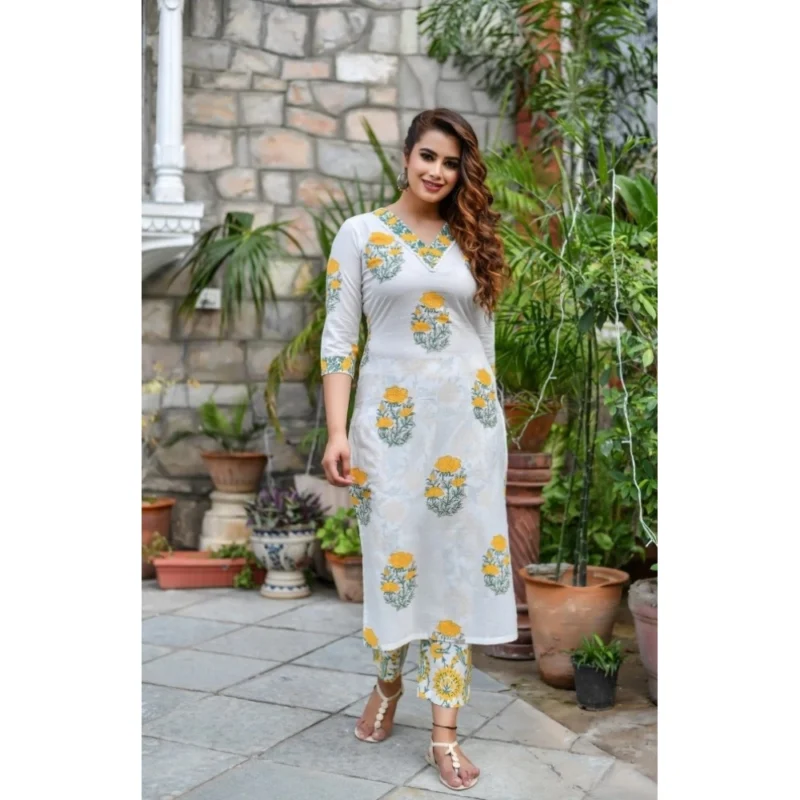 Generic Women's Cotton Blend Printed Work Kurti With Bottom And Dupatta Set (Yellow) - Image 4