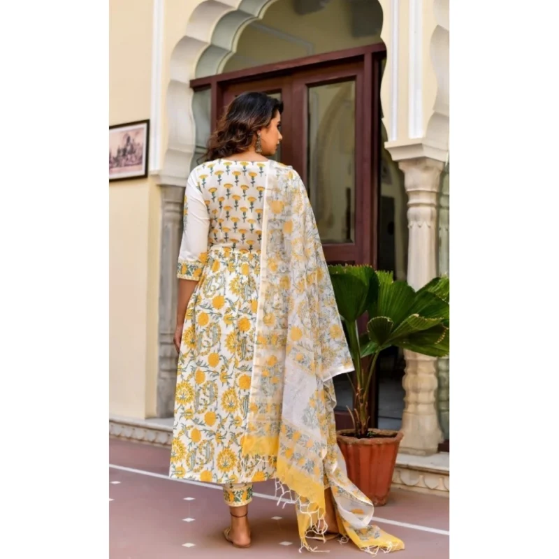 Generic Women's Cotton Blend Printed Work Kurti With Bottom And Dupatta Set (Yellow) - Image 2