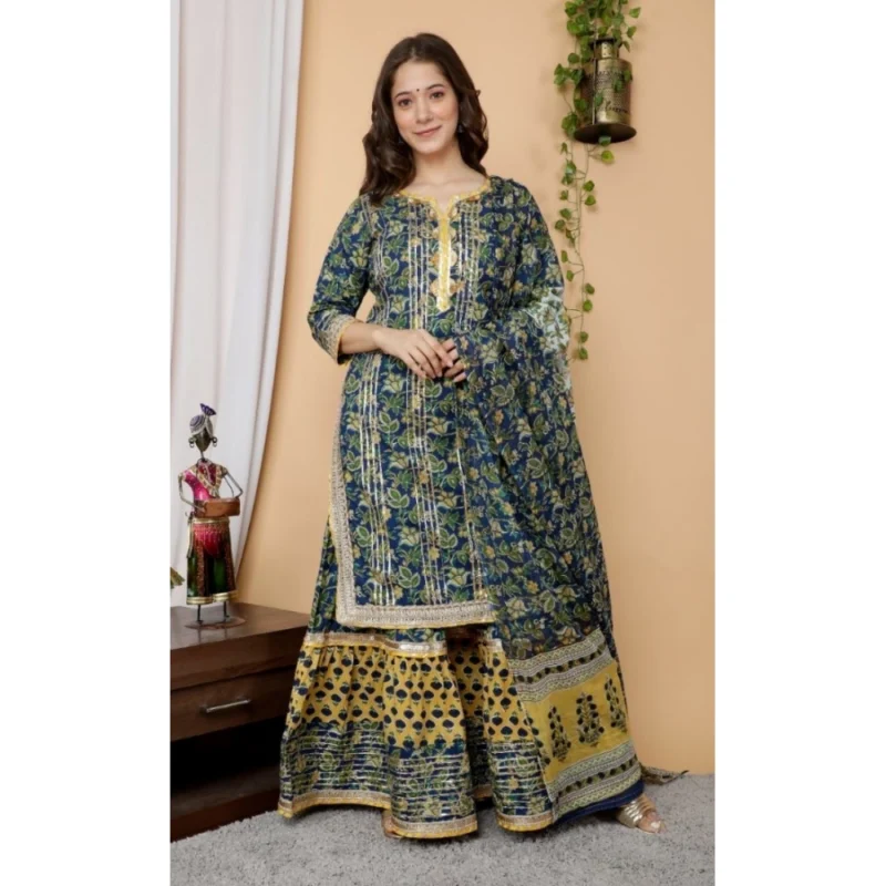 Generic Women's Full Gota Work Cotton Kurti And Sharara With Dupatta Set (Multi Color) - Image 3