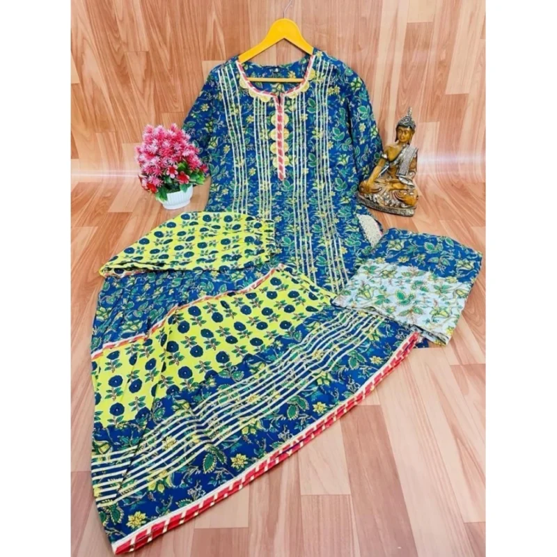 Generic Women's Full Gota Work Cotton Kurti And Sharara With Dupatta Set (Multi Color) - Image 4
