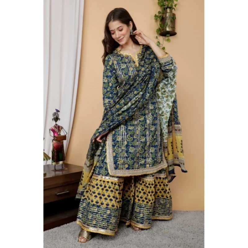 Generic Women's Full Gota Work Cotton Kurti And Sharara With Dupatta Set (Multi Color) - Image 6
