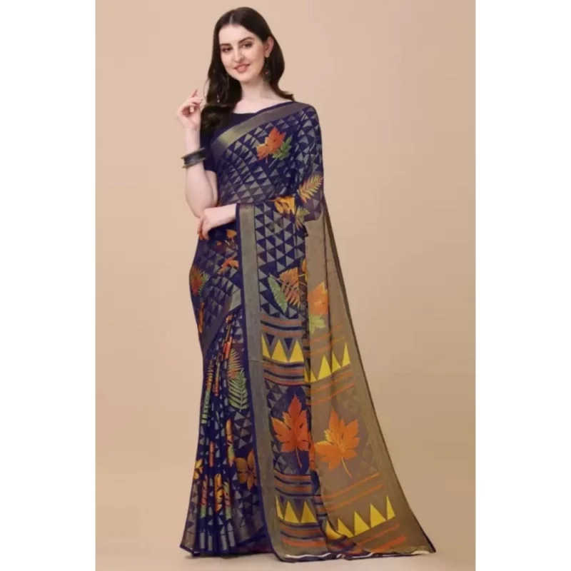 Generic Women's Viscose Rayon Printed Saree With Unstitched Blouse (Navy Blue) - Image 4