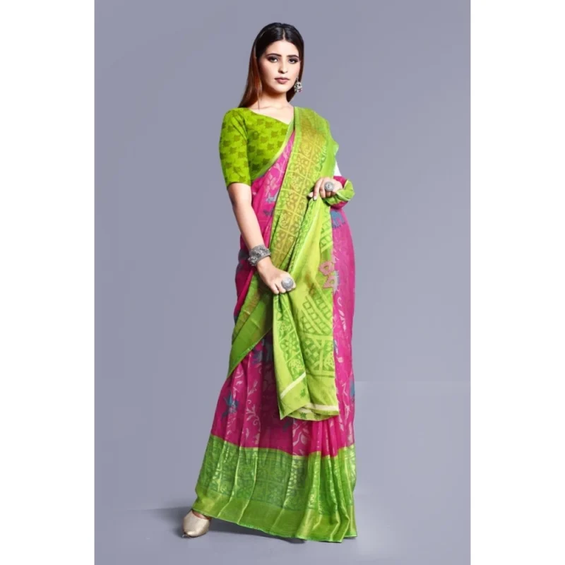 Generic Women's Viscose Rayon Printed Saree With Unstitched Blouse (Pink) - Image 3