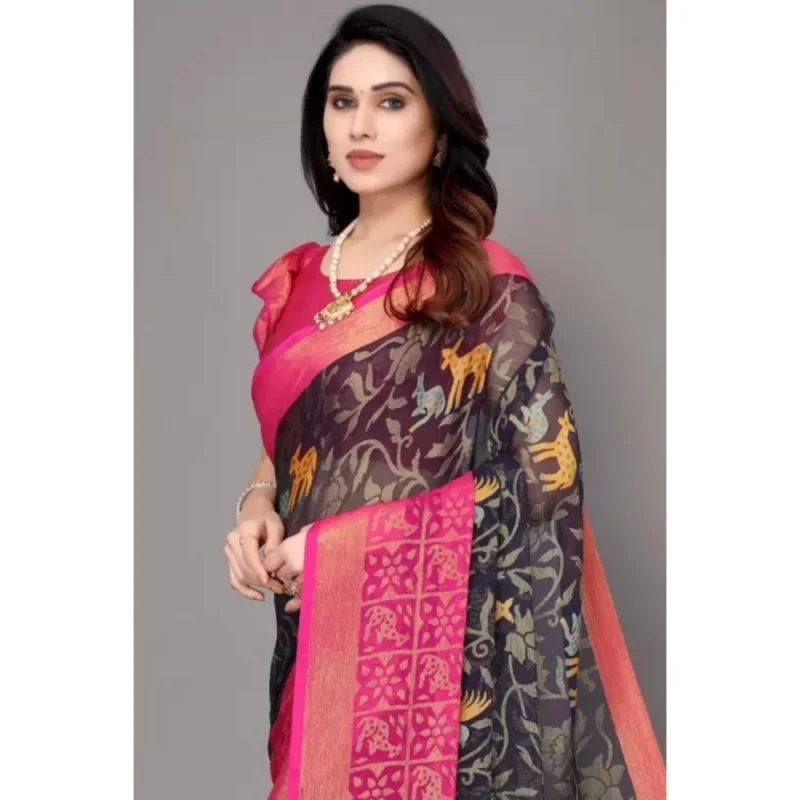 Generic Women's Viscose Rayon Printed Saree With Unstitched Blouse (Navy Blue) - Image 2