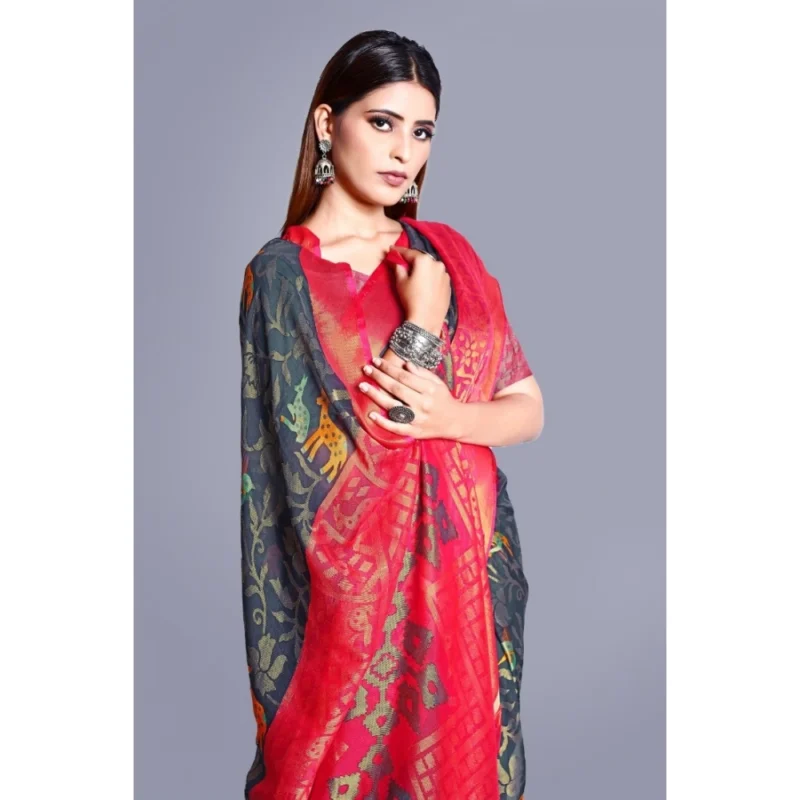 Generic Women's Viscose Rayon Printed Saree With Unstitched Blouse (Grey) - Image 2
