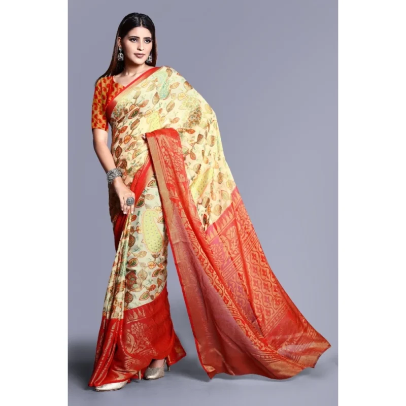 Generic Women's Viscose Rayon Printed Saree With Unstitched Blouse (Red) - Image 3