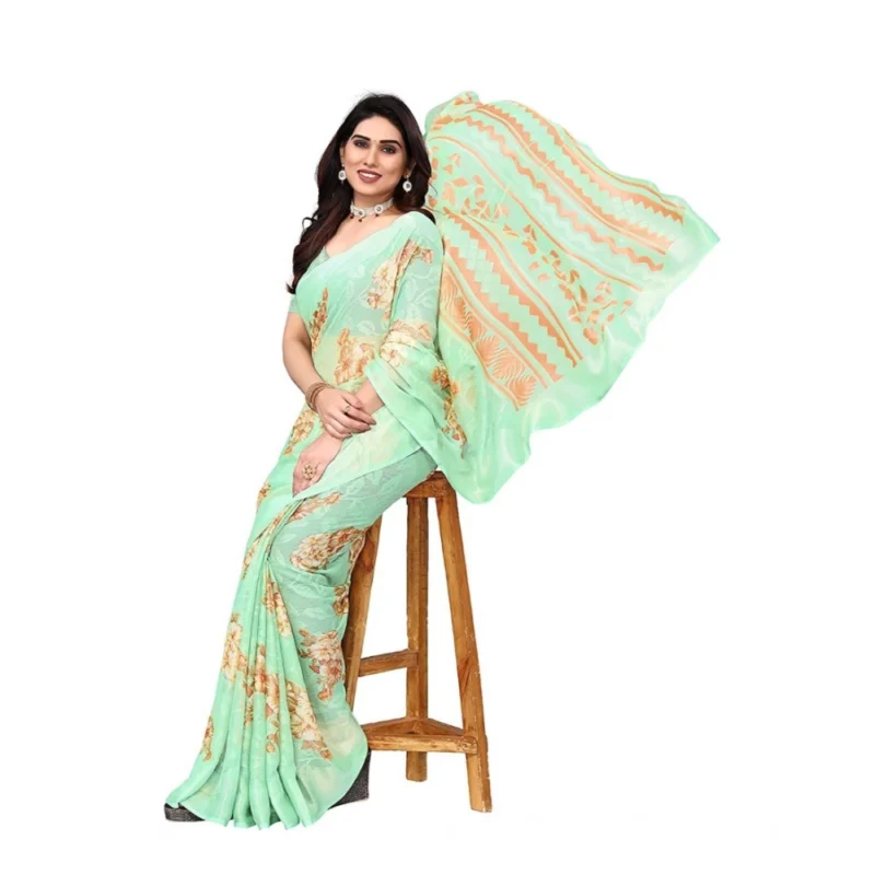 Generic Women's Viscose Rayon Printed Saree With Unstitched Blouse (Pista) - Image 3