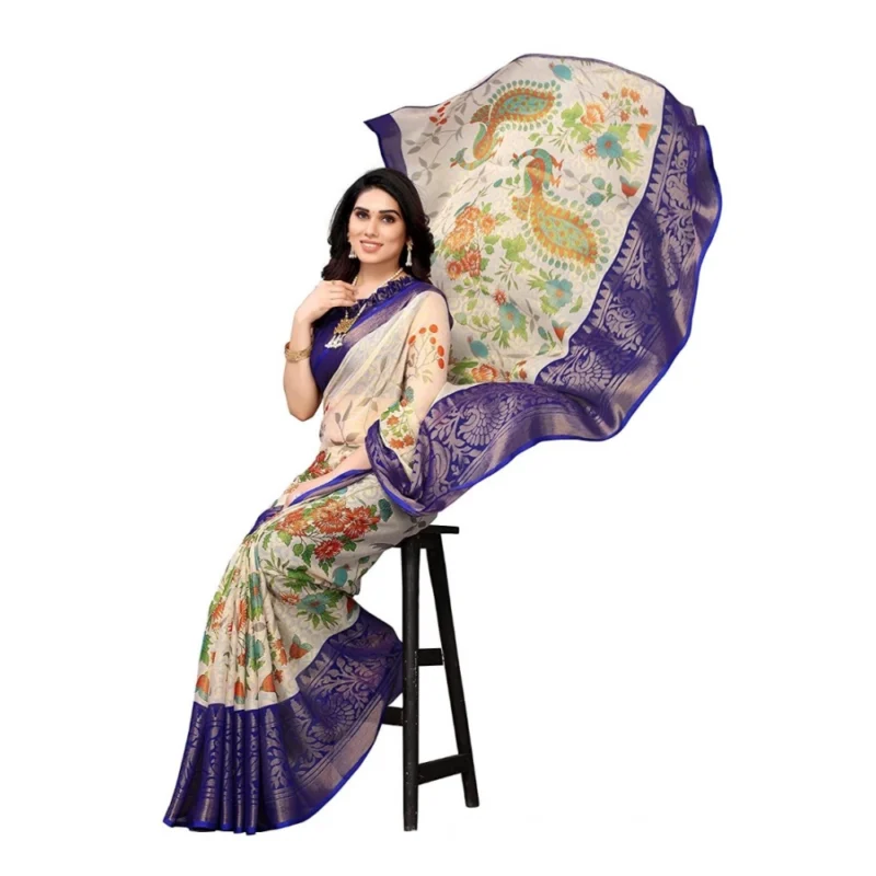 Generic Women's Viscose Rayon Printed Saree With Unstitched Blouse (Blue) - Image 3
