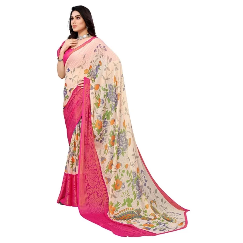 Generic Women's Viscose Rayon Printed Saree With Unstitched Blouse (Pink) - Image 2