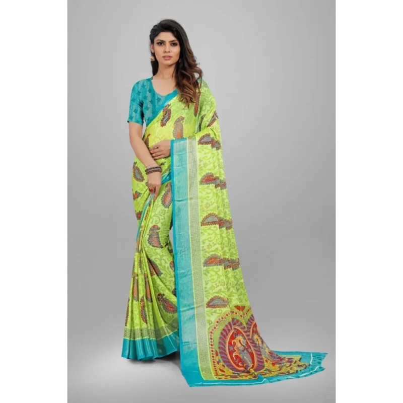 Generic Women's Viscose Rayon Printed Saree With Unstitched Blouse (Mehendi) - Image 5