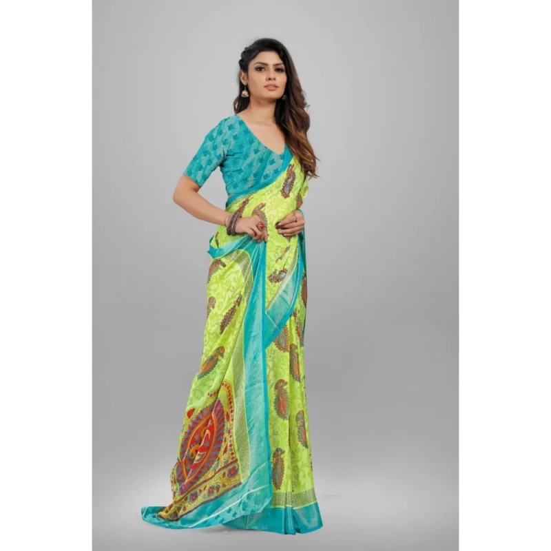 Generic Women's Viscose Rayon Printed Saree With Unstitched Blouse (Mehendi) - Image 3