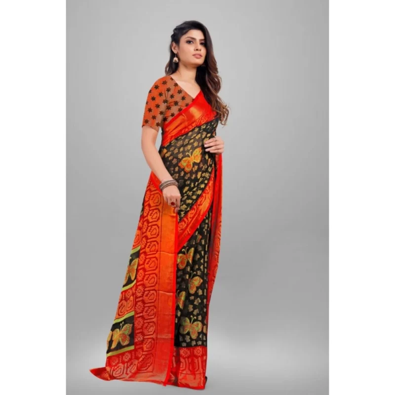 Generic Women's Viscose Rayon Printed Saree With Unstitched Blouse (Black) - Image 3
