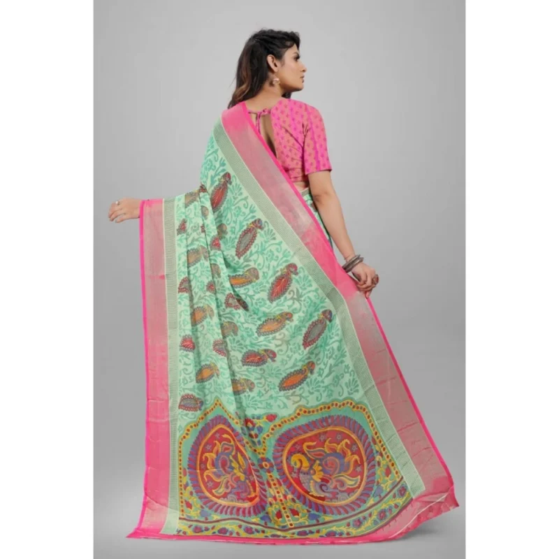 Generic Women's Viscose Rayon Printed Saree With Unstitched Blouse (Teal) - Image 2