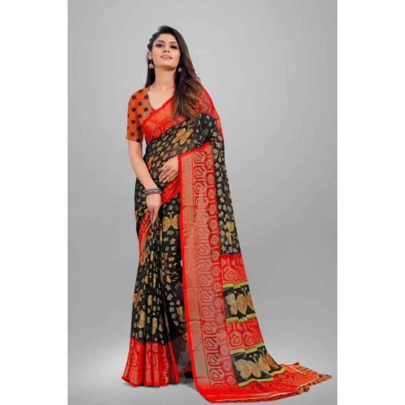 Generic Women's Viscose Rayon Printed Saree With Unstitched Blouse (Black) - Image 4