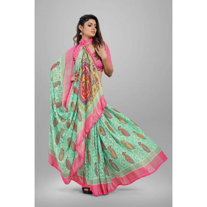 Generic Women's Viscose Rayon Printed Saree With Unstitched Blouse (Teal) - Image 3