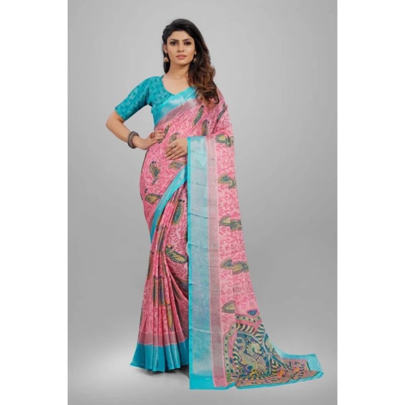 Generic Women's Viscose Rayon Printed Saree With Unstitched Blouse (Pink) - Image 5