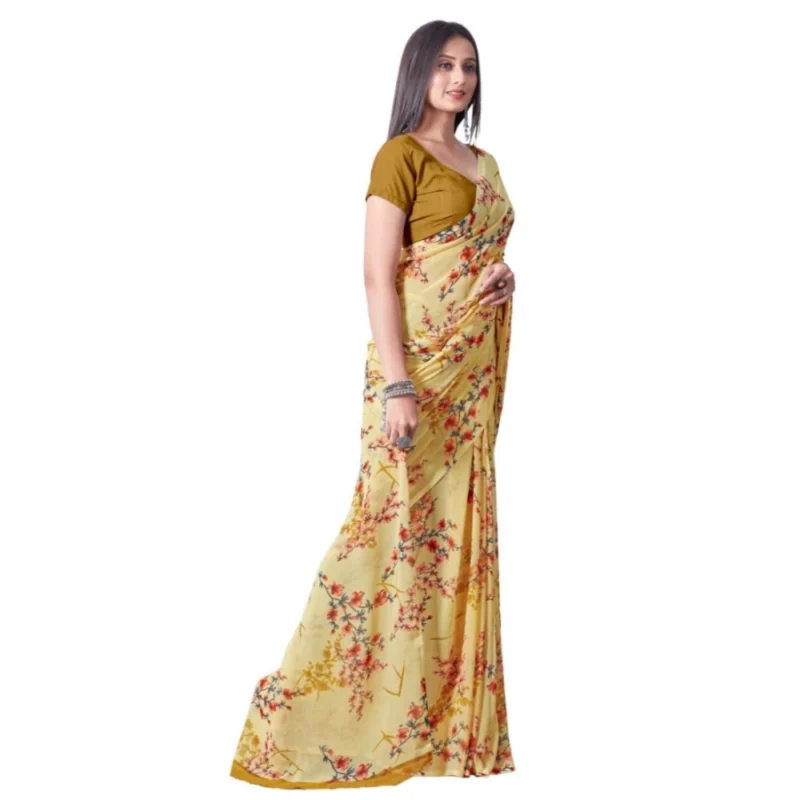 Generic Women's Georgette Printed Saree With Unstitched Blouse (Yellow) - Image 2