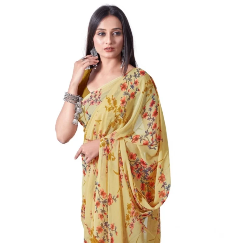 Generic Women's Georgette Printed Saree With Unstitched Blouse (Yellow) - Image 4