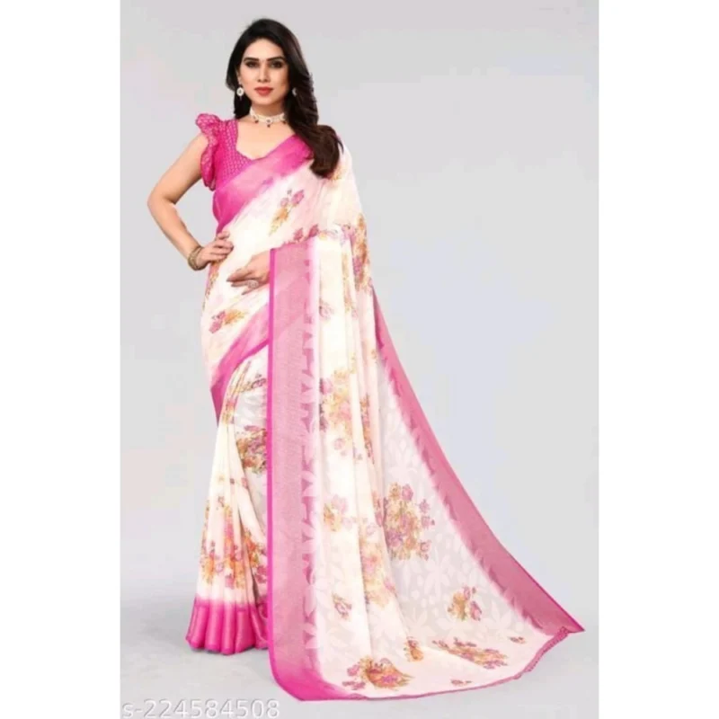 Generic Women's Viscose Rayon Printed Saree With Unstitched Blouse (Pink) - Image 4