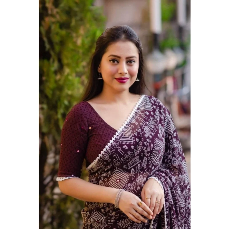 Generic Women's Georgette Printed Saree With Unstitched Blouse (Purple) - Image 3