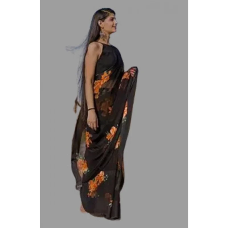 Generic Women's Satin Patta Printed Saree With Unstitched Blouse (Orange) - Image 4