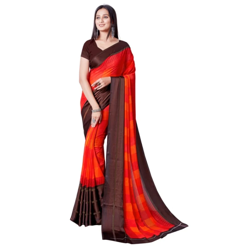 Generic Women's Satin Patta Printed Saree With Unstitched Blouse (Red) - Image 2