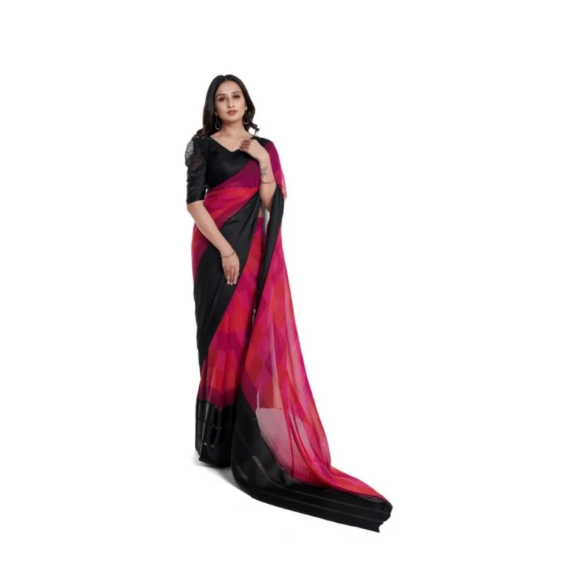 Generic Women's Satin Patta Printed Saree With Unstitched Blouse (Pink) - Image 3