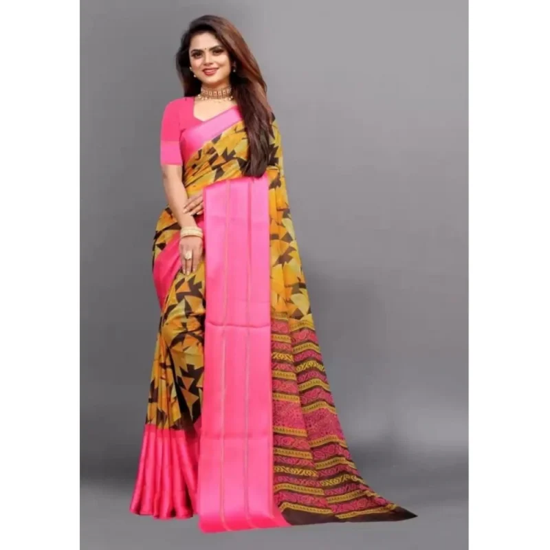 Generic Women's Satin Patta Printed Saree With Unstitched Blouse (Pink) - Image 2
