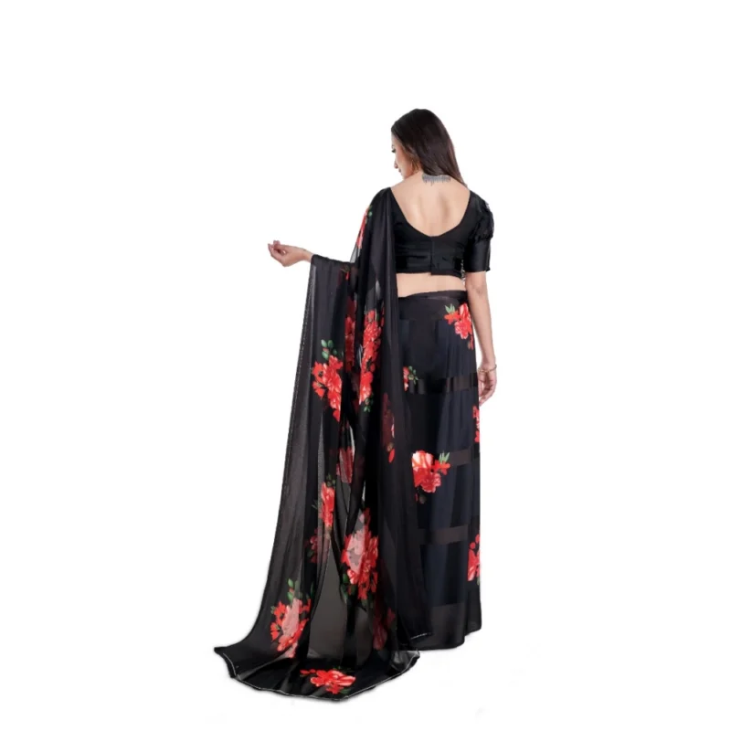 Generic Women's Satin Patta Printed Saree With Unstitched Blouse (Red) - Image 3