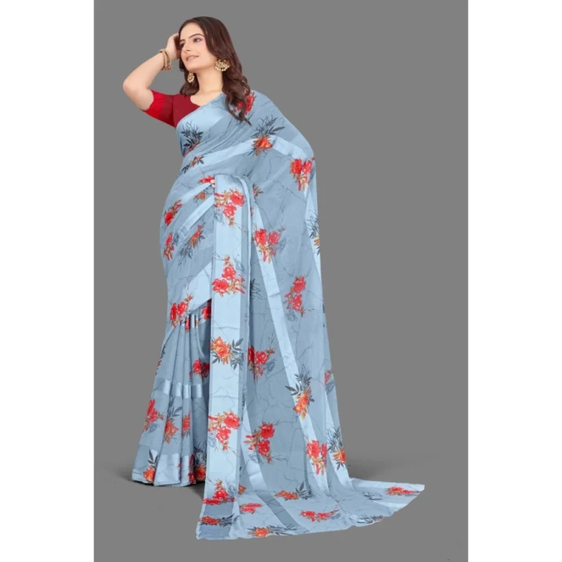 Generic Women's Satin Patta Printed Saree With Unstitched Blouse (Grey) - Image 4