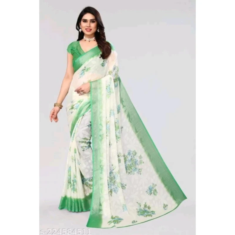 Generic Women's Viscose Rayon Printed Saree With Unstitched Blouse (Green) - Image 3