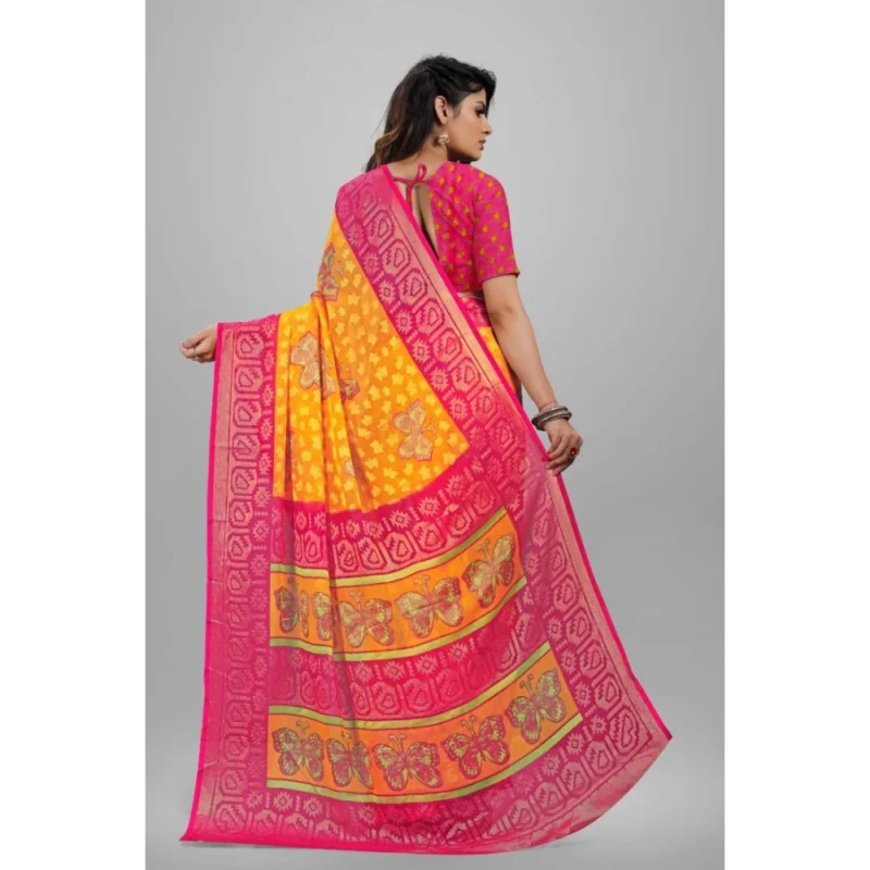 Generic Women's Viscose Rayon Printed Saree With Unstitched Blouse (Yellow) - Image 3