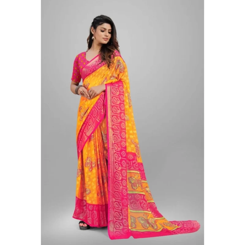 Generic Women's Viscose Rayon Printed Saree With Unstitched Blouse (Yellow) - Image 5