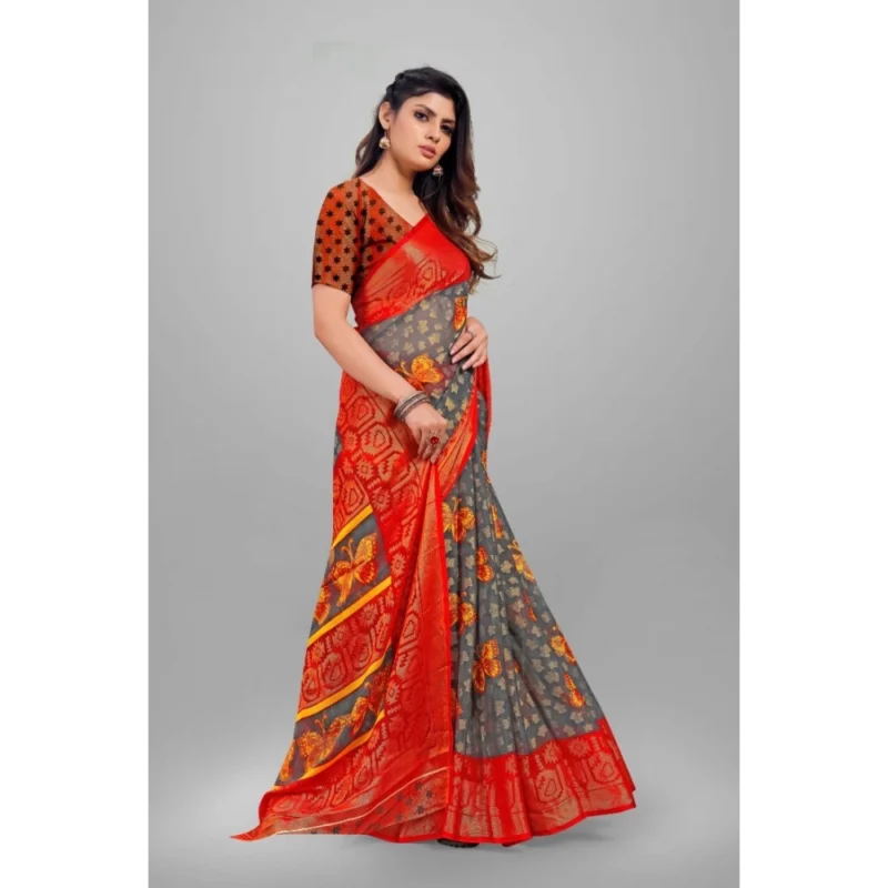 Generic Women's Viscose Rayon Printed Saree With Unstitched Blouse (Grey) - Image 3