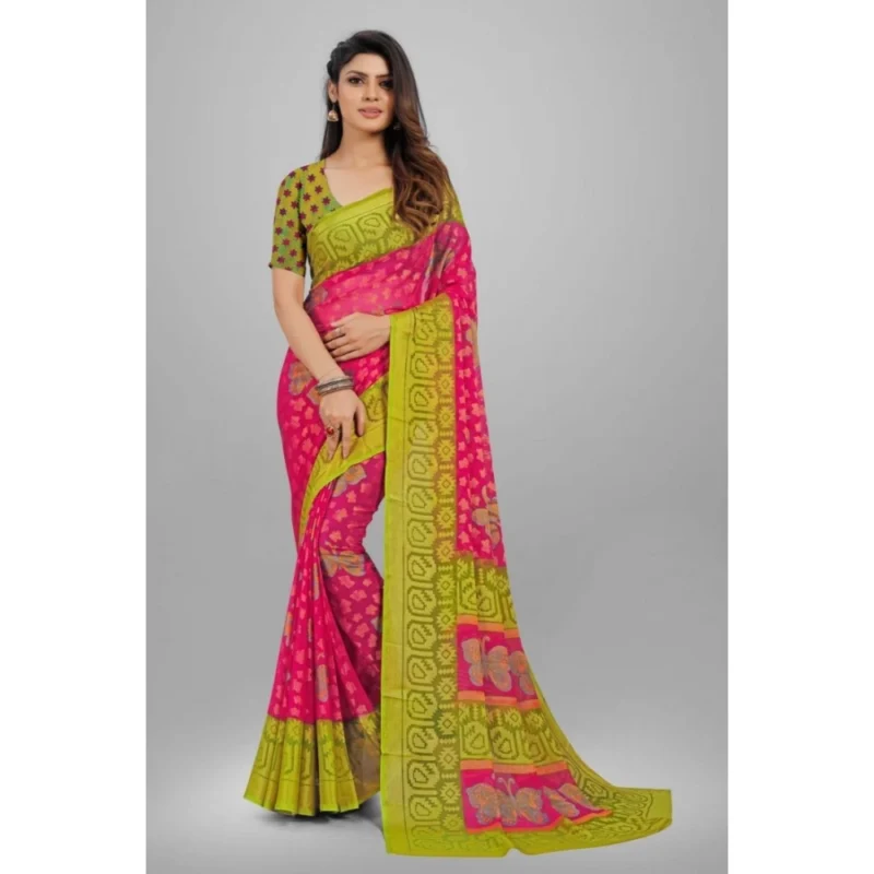 Generic Women's Viscose Rayon Printed Saree With Unstitched Blouse (Pink) - Image 6