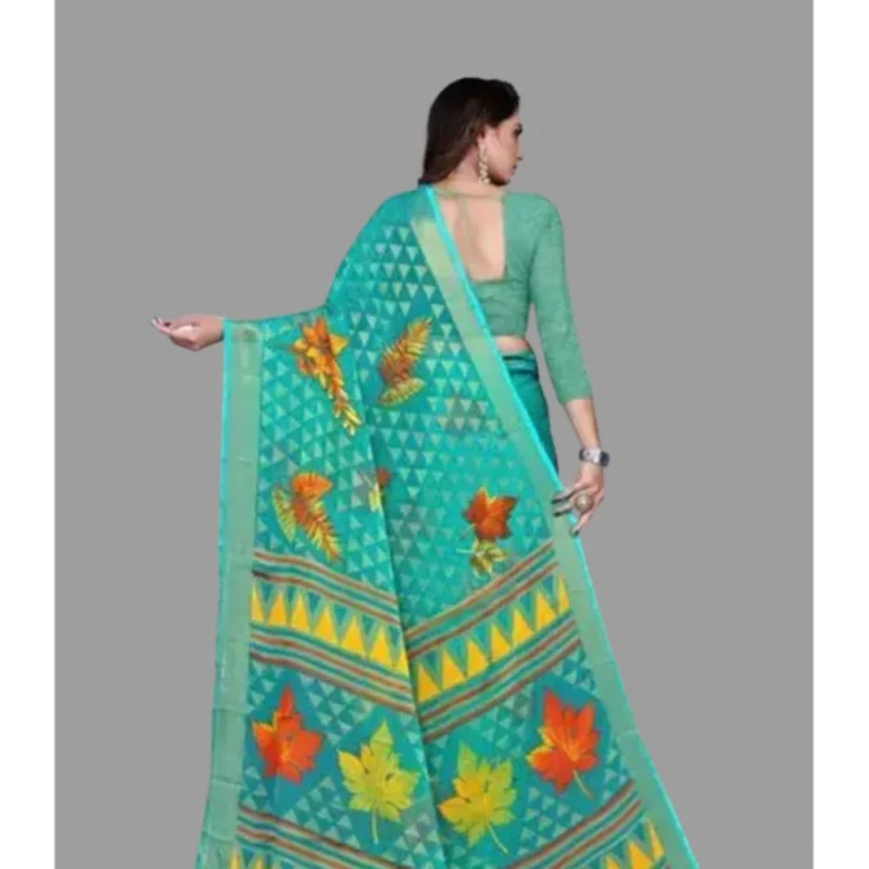 Generic Women's Viscose Rayon Printed Saree With Unstitched Blouse (Teal) - Image 2