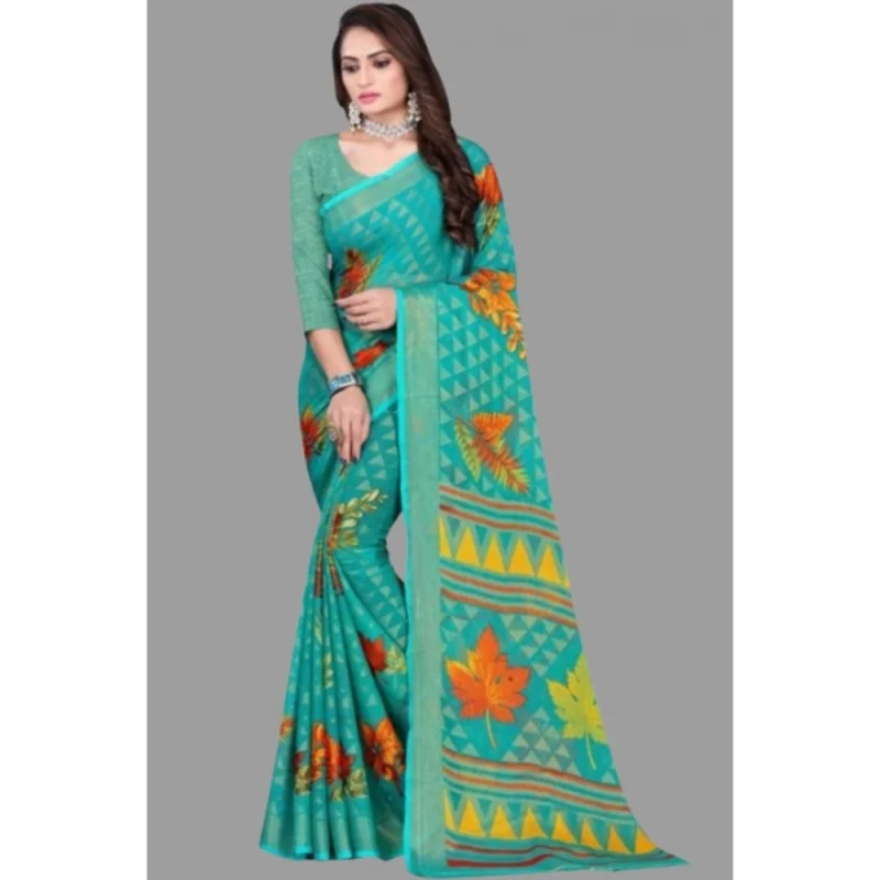 Generic Women's Viscose Rayon Printed Saree With Unstitched Blouse (Teal) - Image 4
