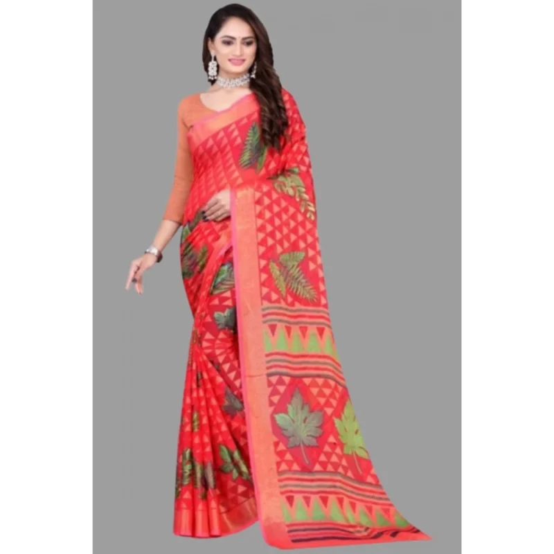 Generic Women's Viscose Rayon Printed Saree With Unstitched Blouse (Red) - Image 4