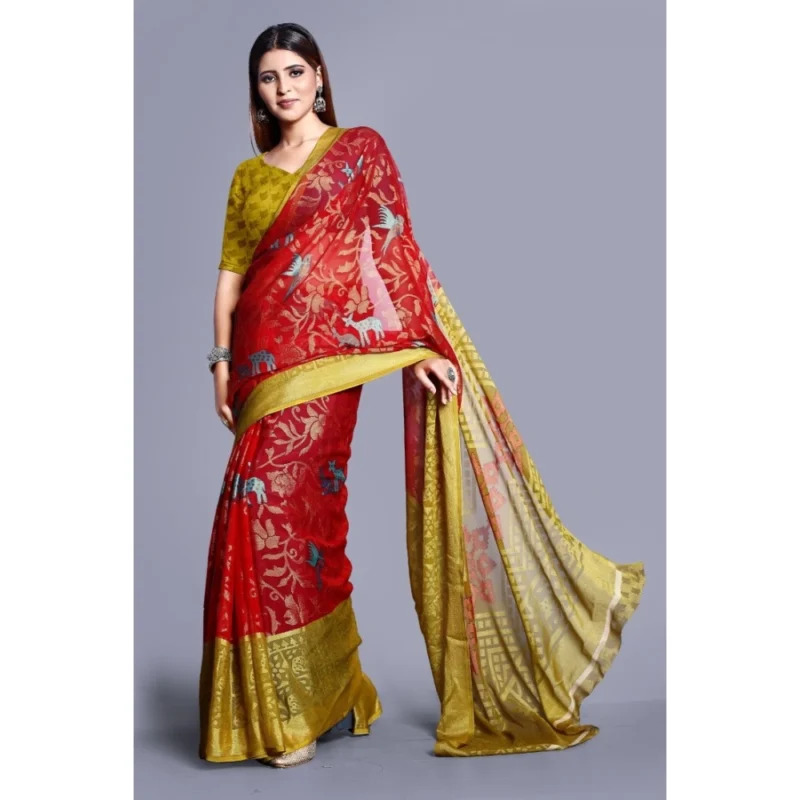 Generic Women's Viscose Rayon Printed Saree With Unstitched Blouse (Red) - Image 4