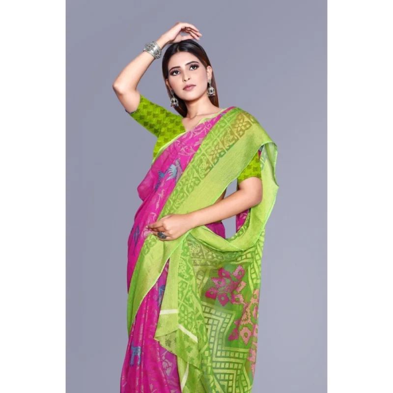 Generic Women's Viscose Rayon Printed Saree With Unstitched Blouse (Pink) - Image 2