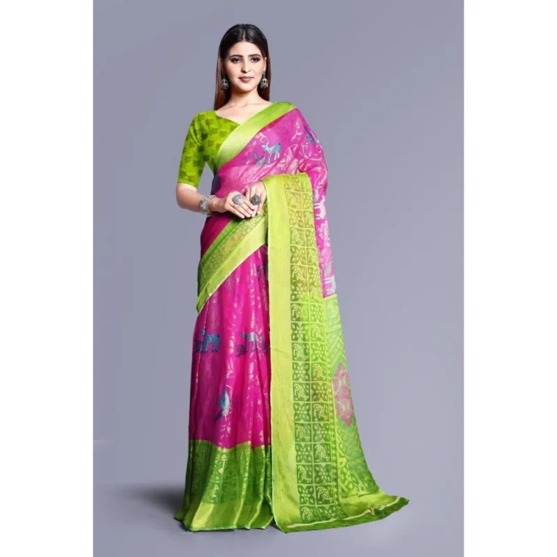 Generic Women's Viscose Rayon Printed Saree With Unstitched Blouse (Pink) - Image 4