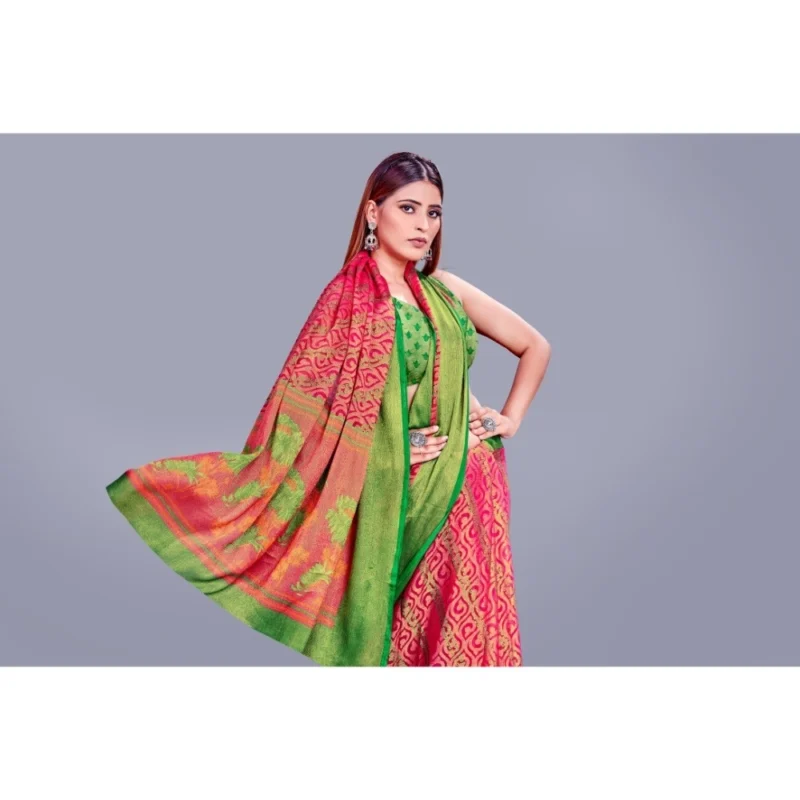 Generic Women's Viscose Rayon Printed Saree With Unstitched Blouse (Pink) - Image 2